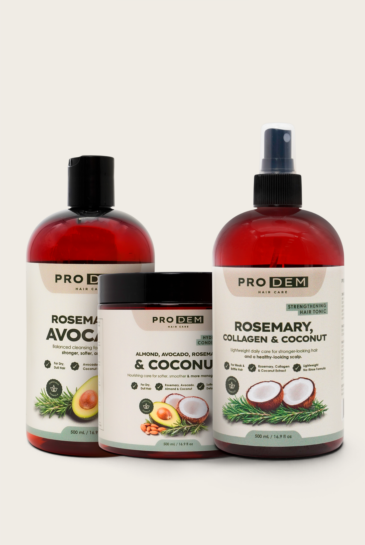 PRO DEM Kit de cuidado capilar de romero y coco - Champú, acondicionador y tónico - Set de 3 piezas