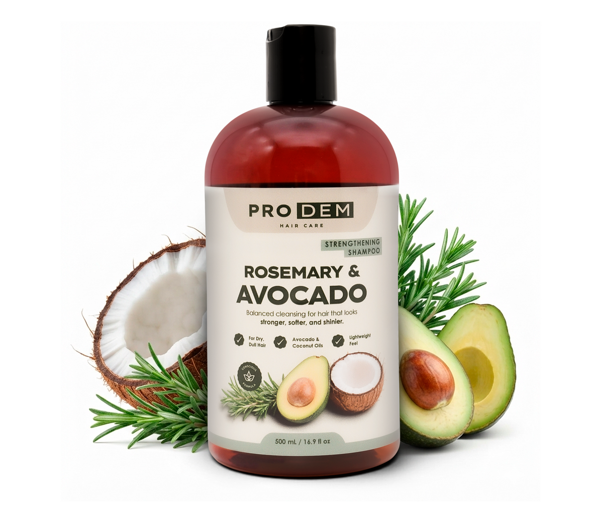 PRO DEM Rosemary & Avocado Strengthening Shampoo - Sulfate-Free for Dry Hair - 500 mL